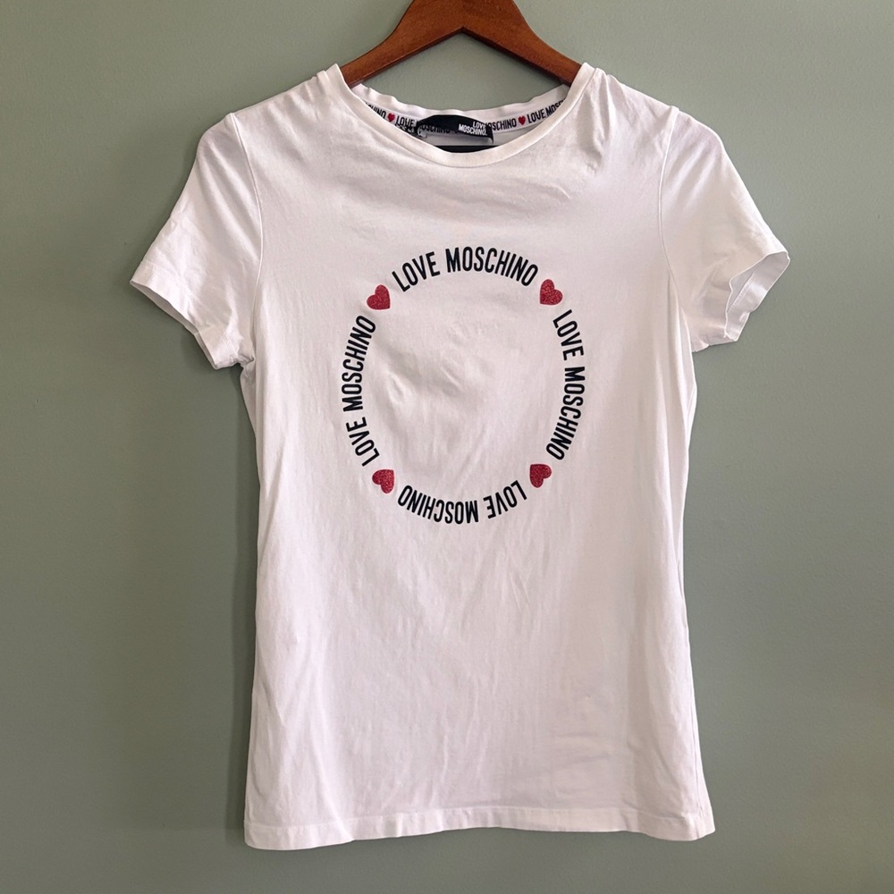LOVE MOSCHINO size 6 White Round Lettering Heart Jersey Tee